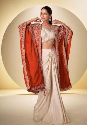 Beige Embroidered Chinon Kurta Set
