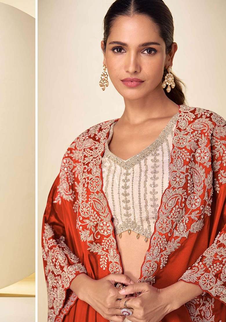 Beige Embroidered Chinon Kurta Set - Indya