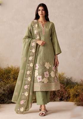 Olive Green Embroidery Silk Kurta Set