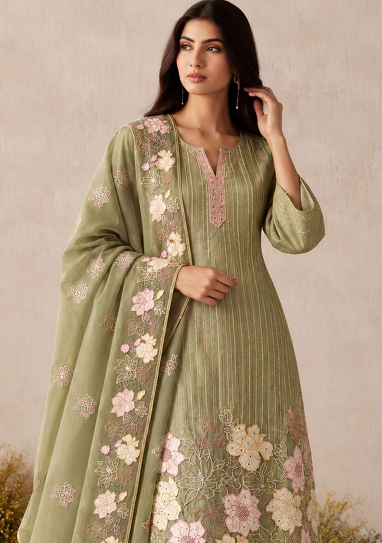 Olive Green Embroidery Silk Kurta Set - Indya