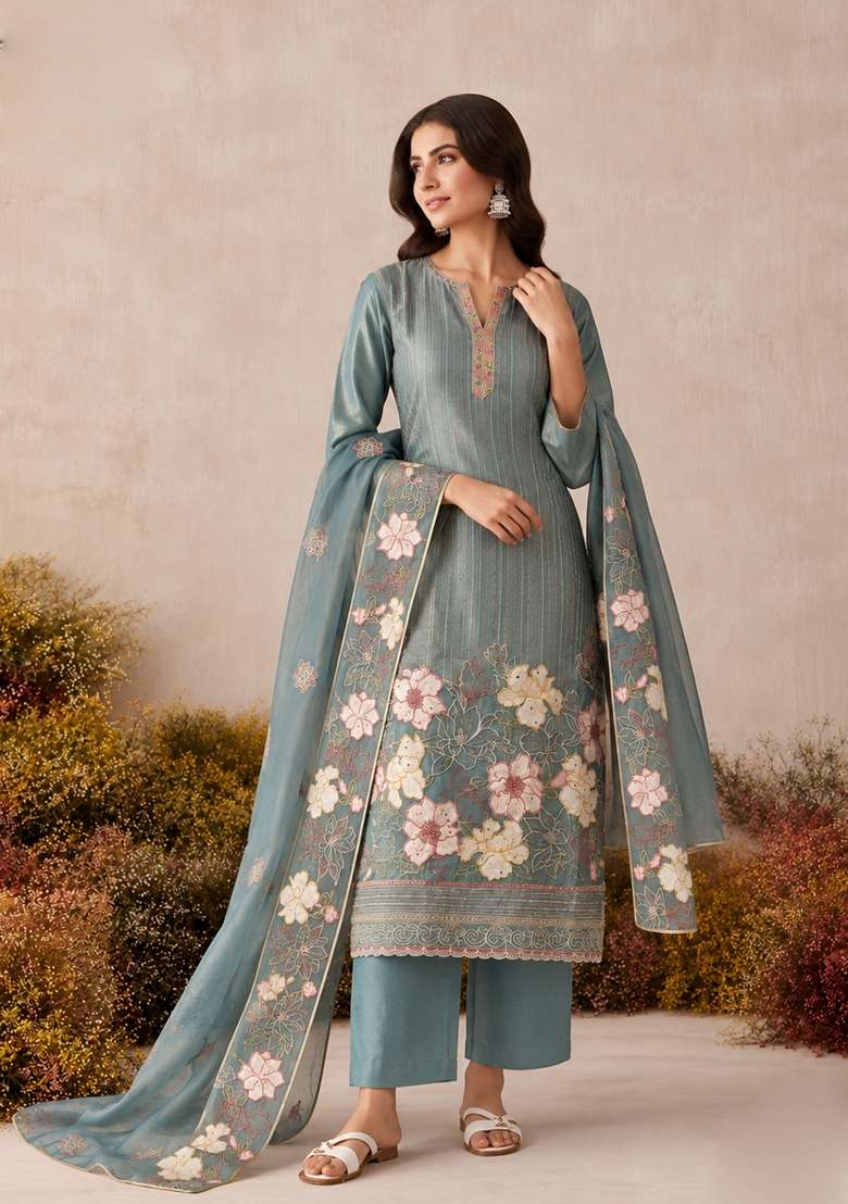 Slate Grey Embroidery Silk Kurta Set - Indya