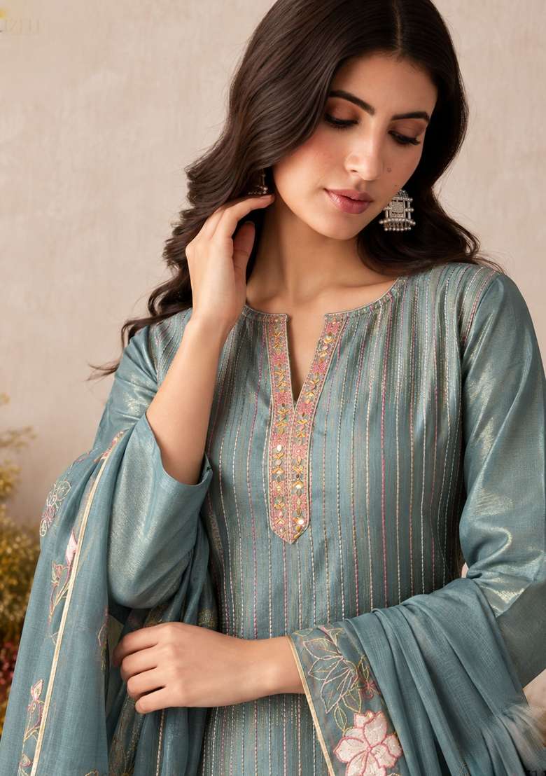 Slate Grey Embroidery Silk Kurta Set - Indya