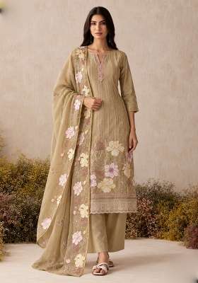Beige Embroidery Silk Kurta Set