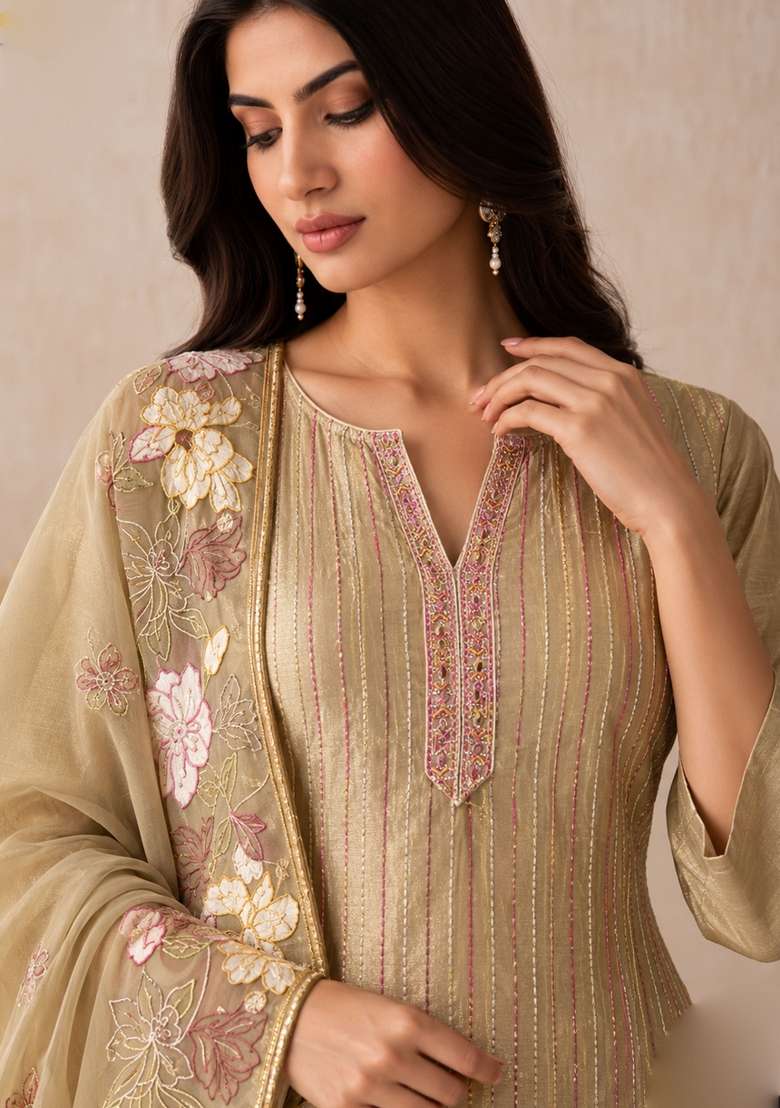 Beige Embroidery Silk Kurta Set - Indya