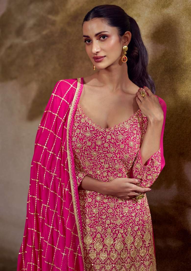 Pink Embroidery Gerogette Kurta Set - Indya