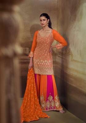 Orange Embroidery Gerogette Kurta Set