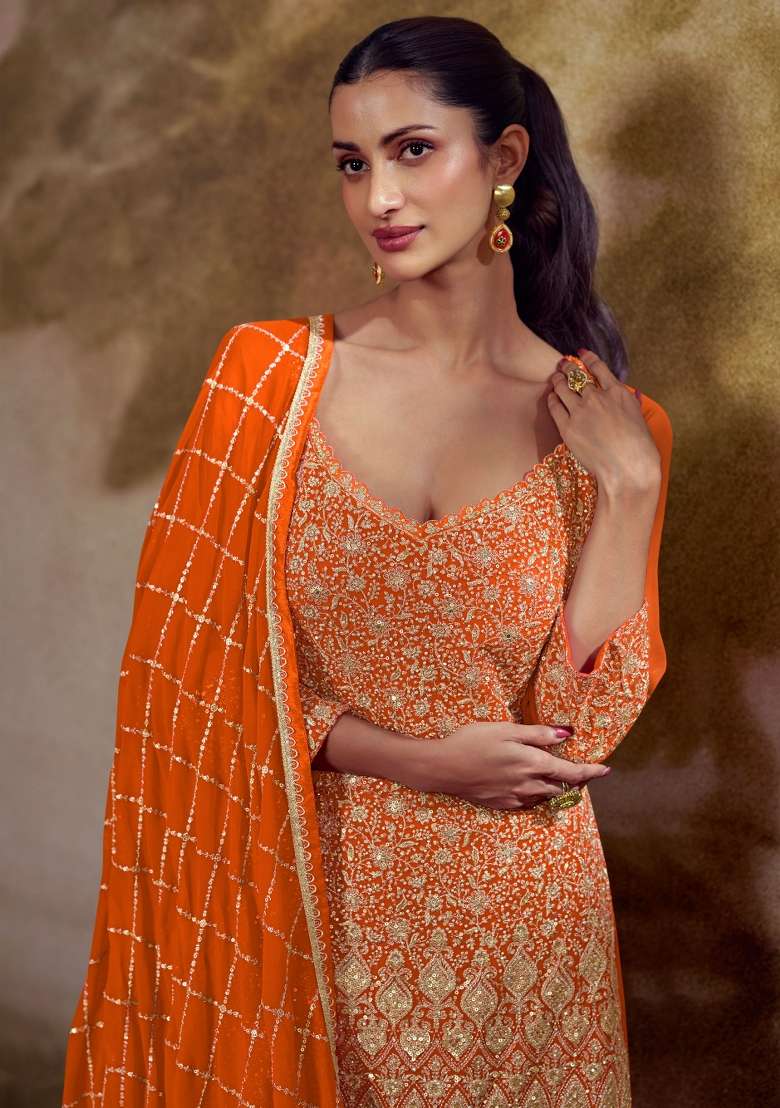 Orange Embroidery Gerogette Kurta Set - Indya