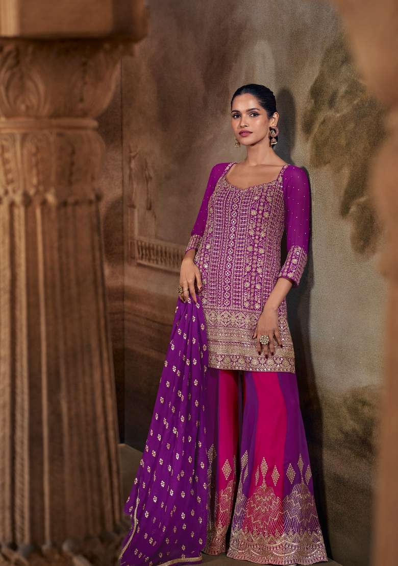 Purple Embroidery Gerogette Kurta Set - Indya