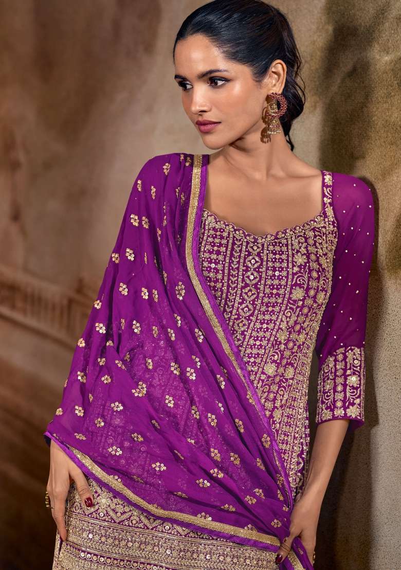 Purple Embroidery Gerogette Kurta Set - Indya