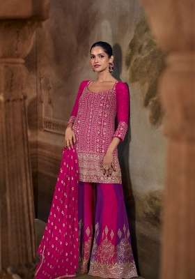 Rani Pink Embroidery Gerogette Kurta Set