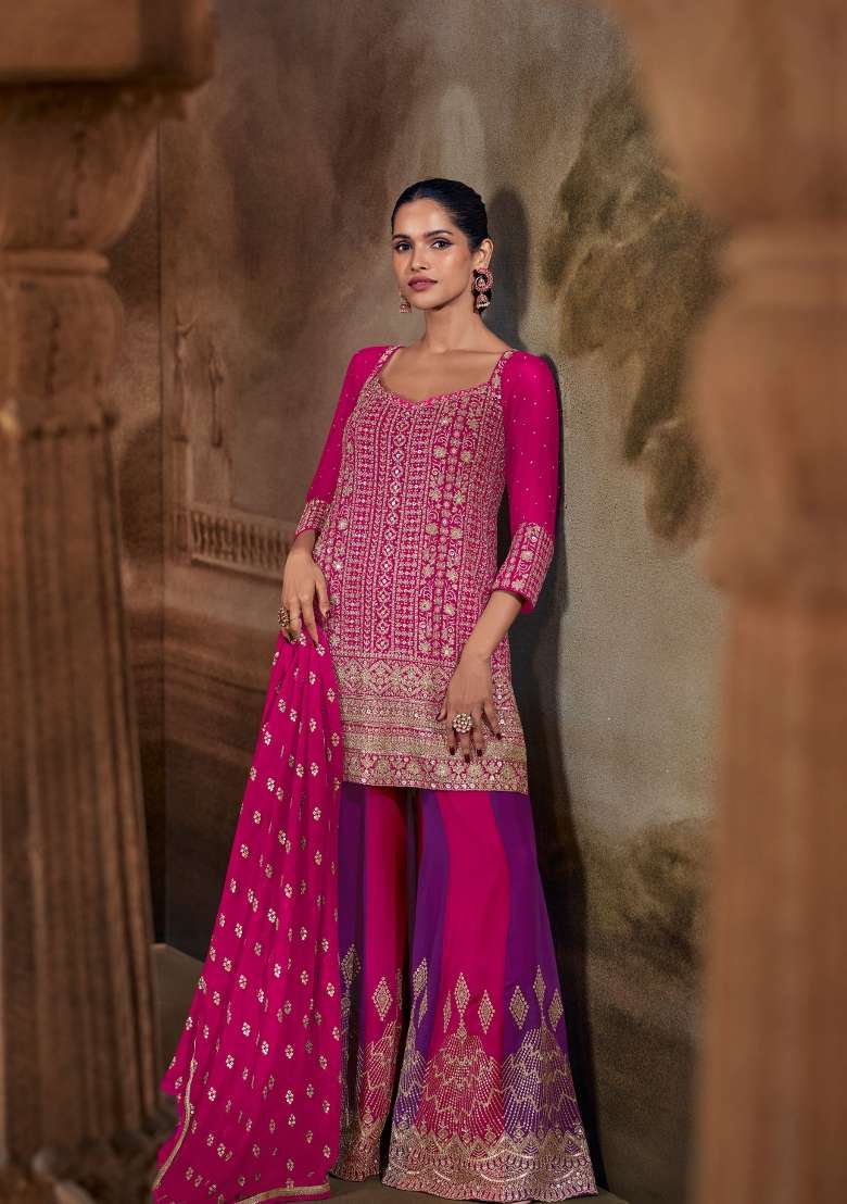 Rani Pink Embroidery Gerogette Kurta Set - Indya