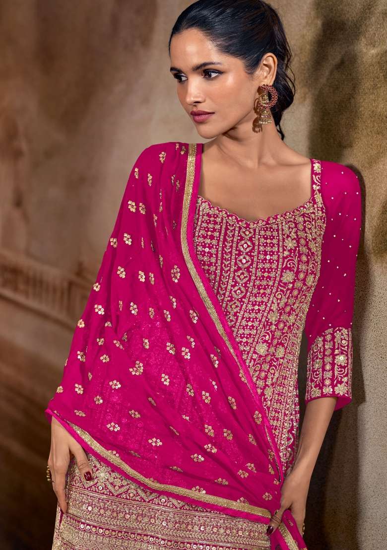 Rani Pink Embroidery Gerogette Kurta Set - Indya