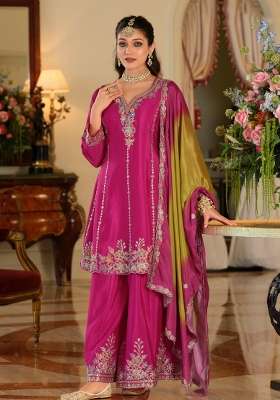 Pink Embroidery Chinnon Kurta Set