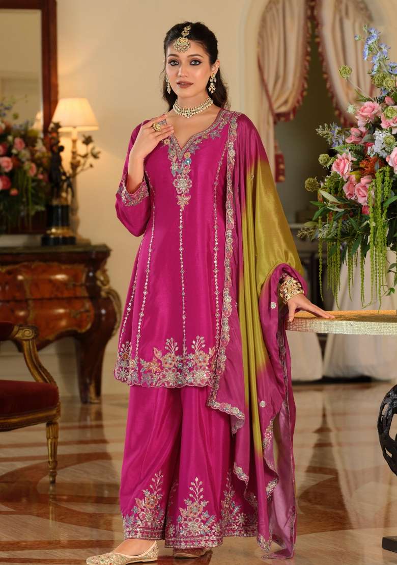 Pink Embroidery Chinnon Kurta Set - Indya