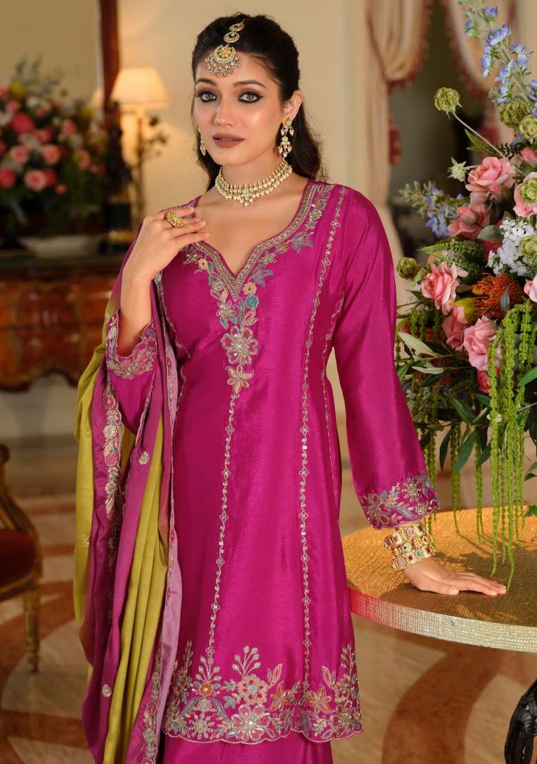 Pink Embroidery Chinnon Kurta Set - Indya