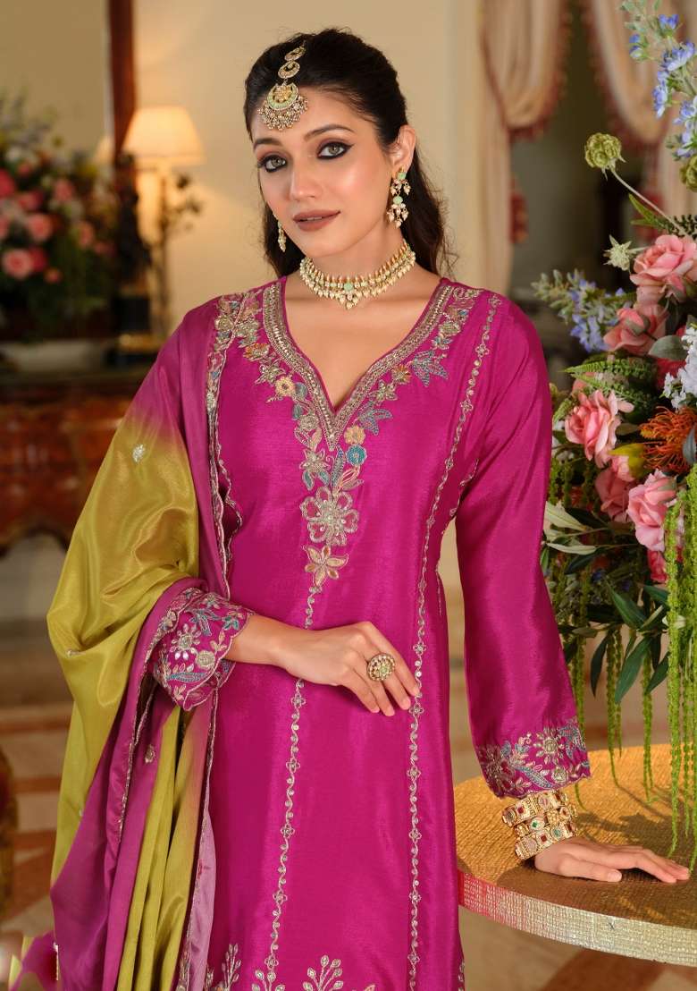 Pink Embroidery Chinnon Kurta Set - Indya