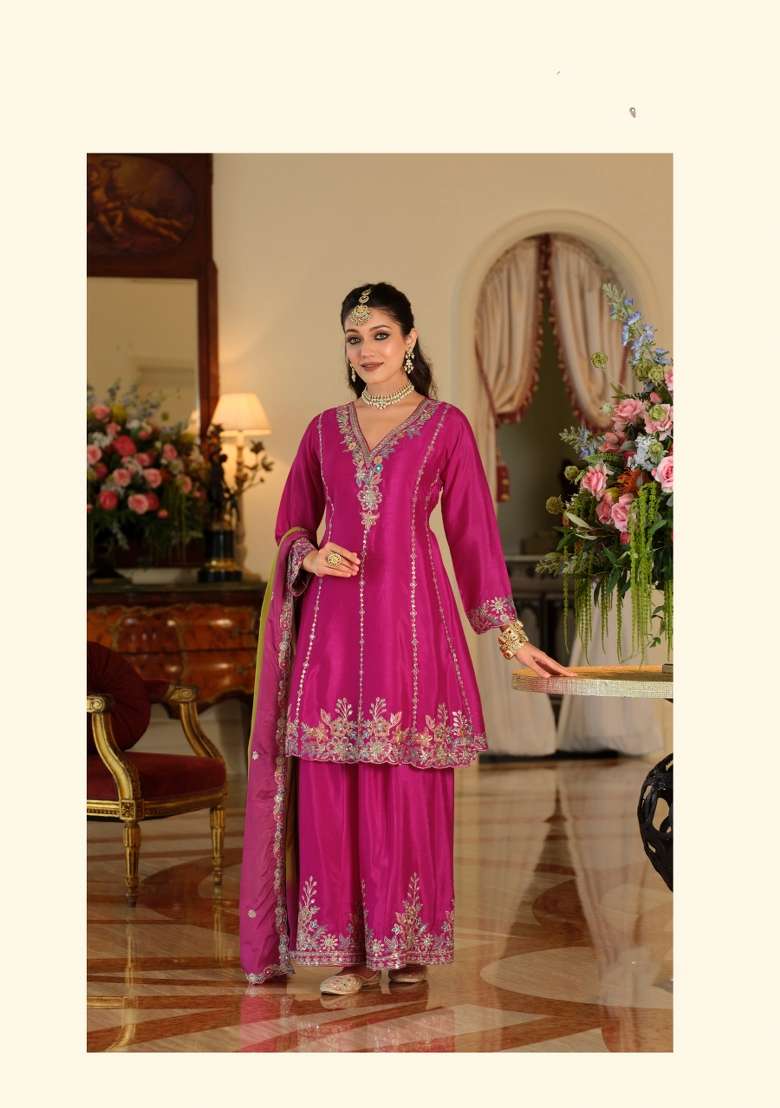 Pink Embroidery Chinnon Kurta Set - Indya