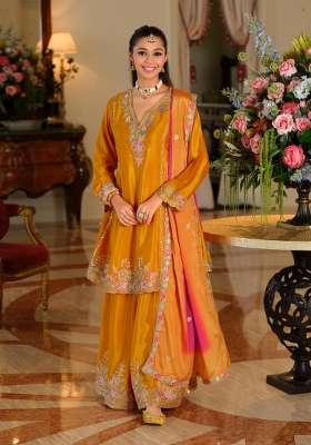 Yellow Embroidery Chinnon Kurta Set