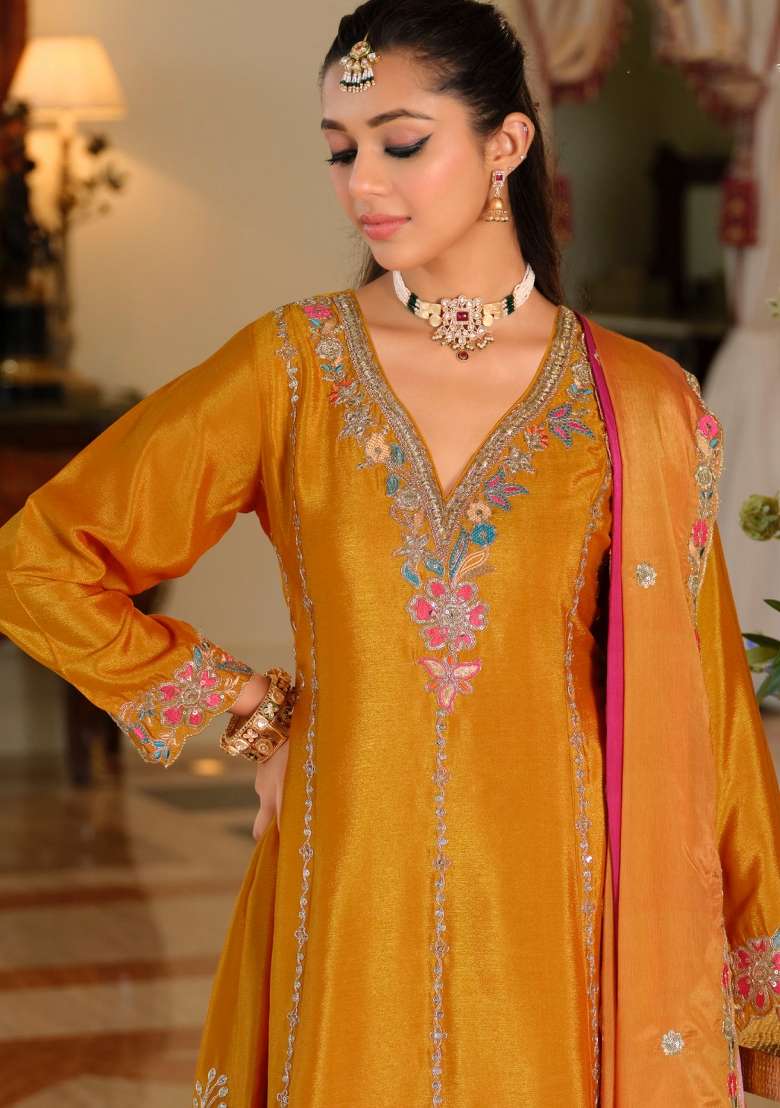 Yellow Embroidery Chinnon Kurta Set - Indya