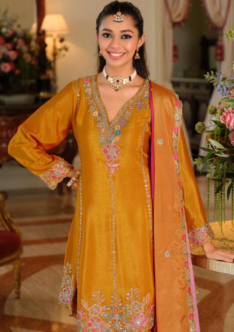 Yellow Embroidery Chinnon Kurta Set - Indya