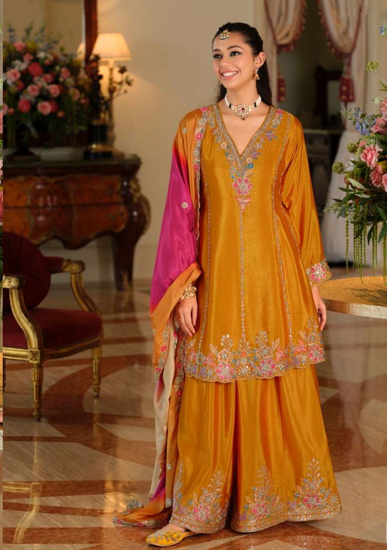 Yellow Embroidery Chinnon Kurta Set - Indya