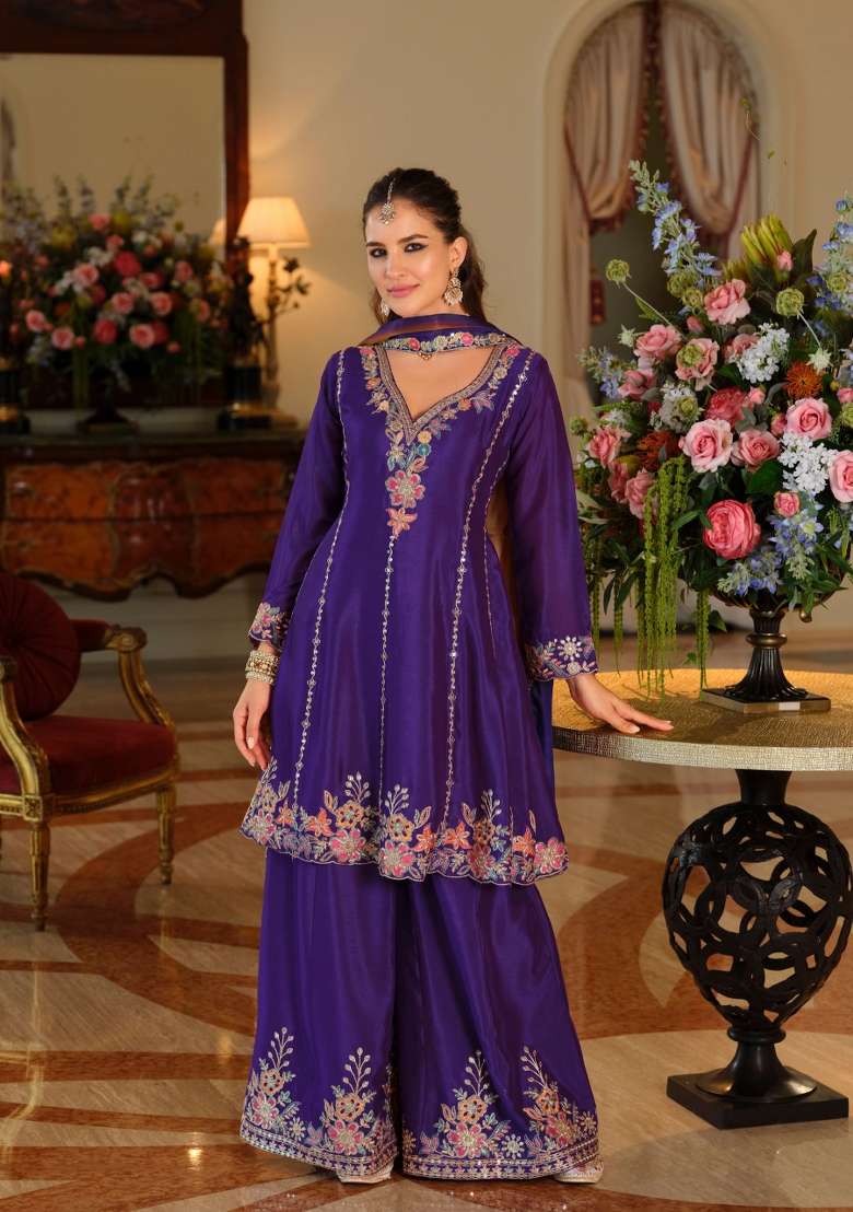 Purple Embroidery Chinnon Kurta Set - Indya