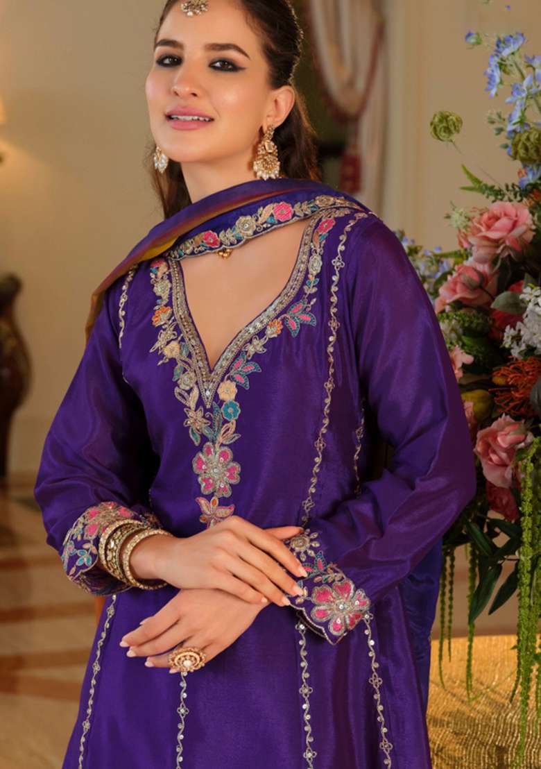 Purple Embroidery Chinnon Kurta Set - Indya