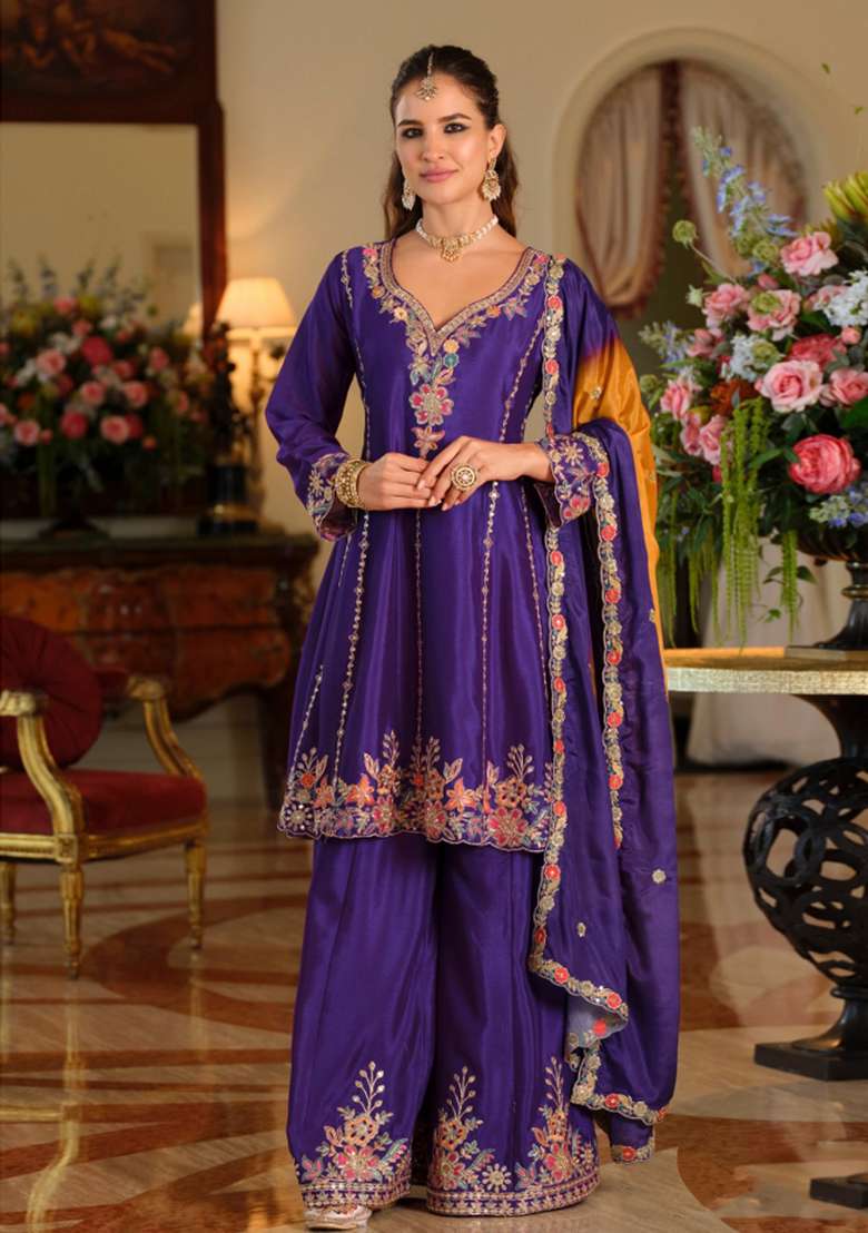 Purple Embroidery Chinnon Kurta Set - Indya