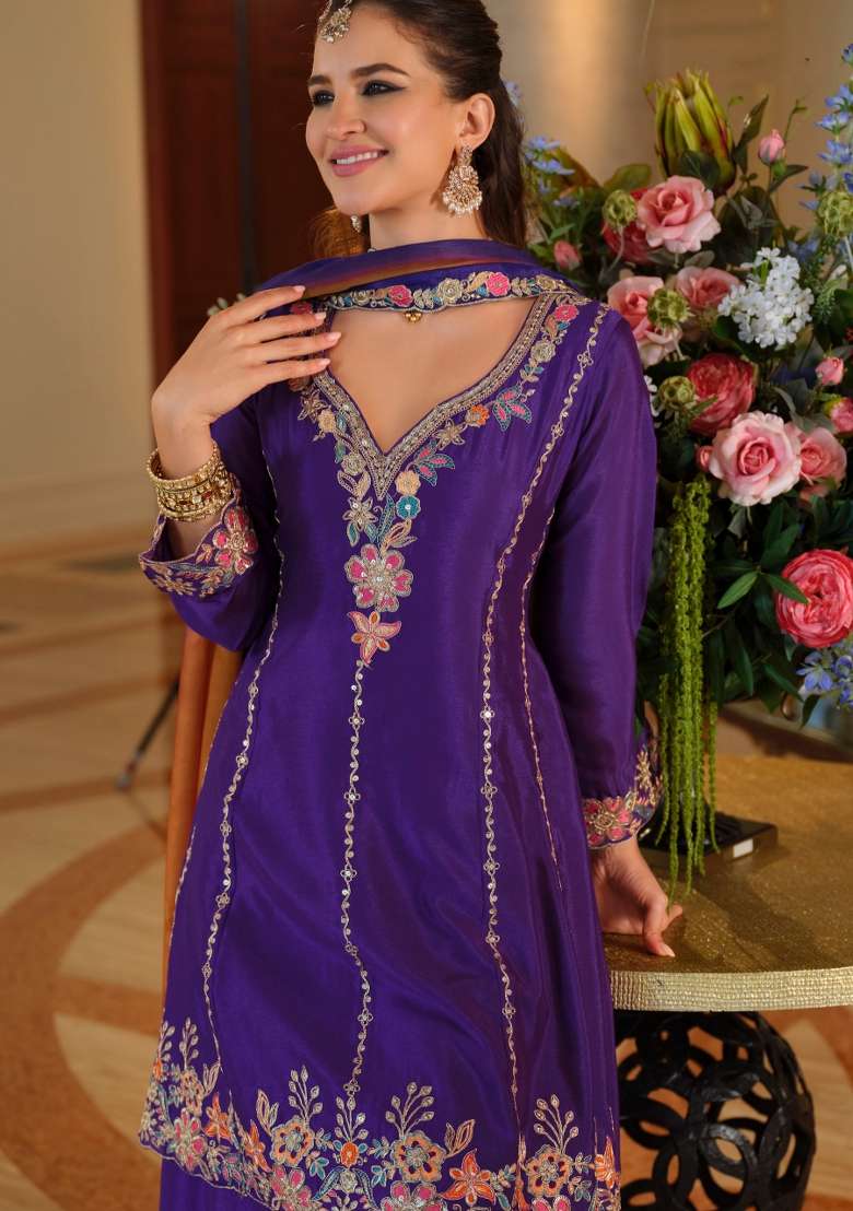 Purple Embroidery Chinnon Kurta Set - Indya