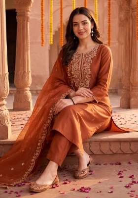 Orange Embroidery Liva Kurta Set