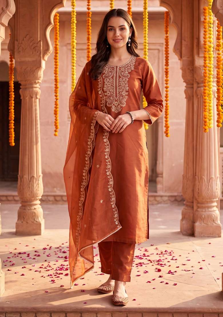 Orange Embroidery Liva Kurta Set - Indya