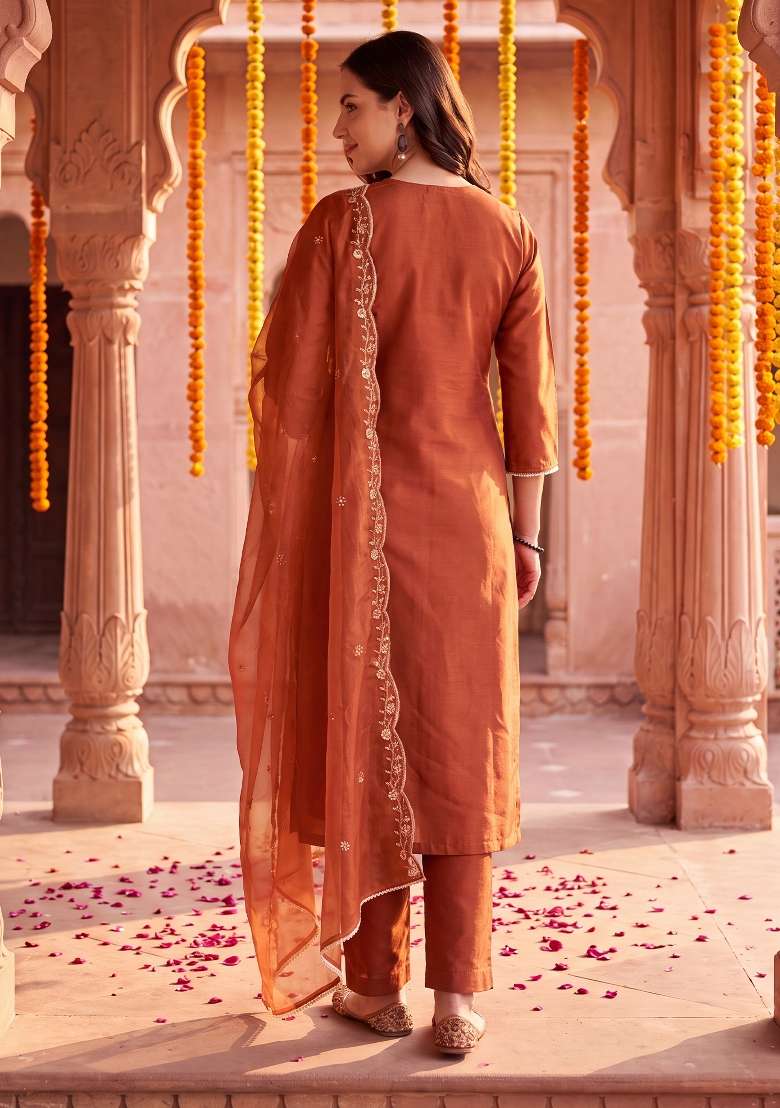Orange Embroidery Liva Kurta Set - Indya