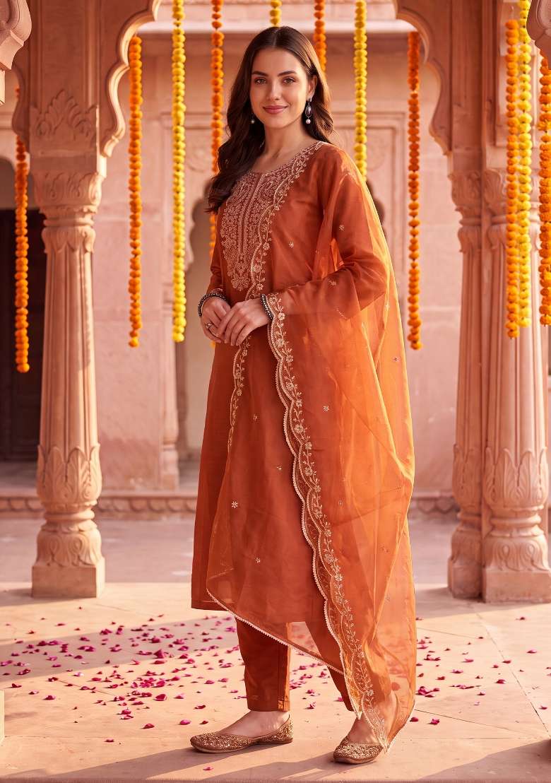Orange Embroidery Liva Kurta Set - Indya