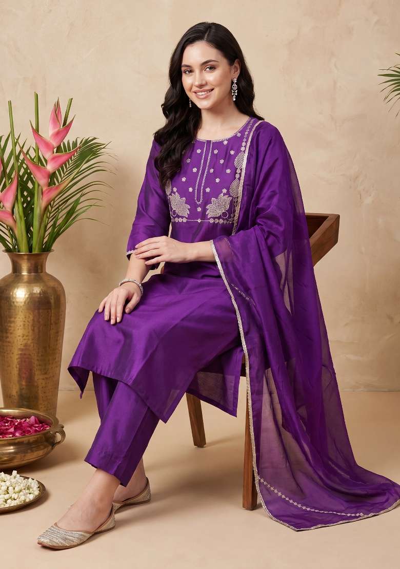 Purple Embroidery Liva Kurta Set - Indya