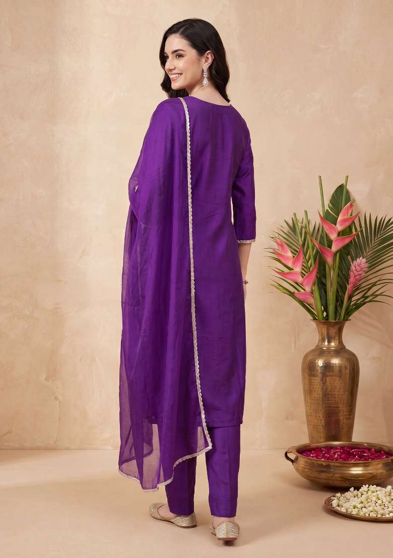 Purple Embroidery Liva Kurta Set - Indya