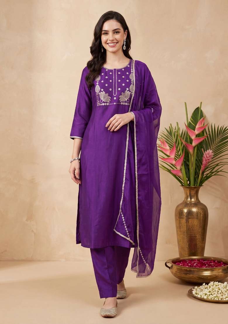 Purple Embroidery Liva Kurta Set - Indya