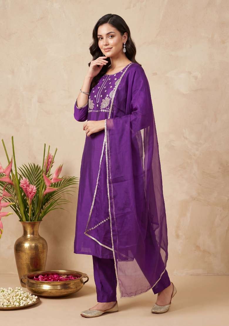 Purple Embroidery Liva Kurta Set - Indya
