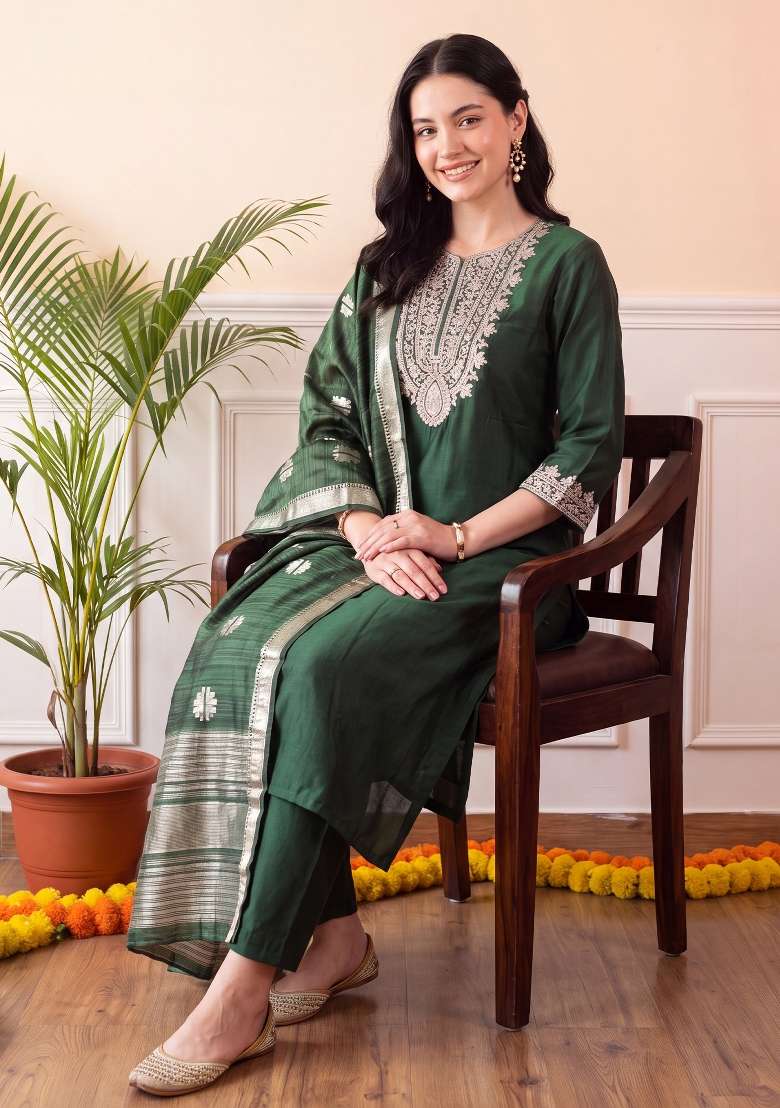 Green Embroidery Liva Kurta Set - Indya