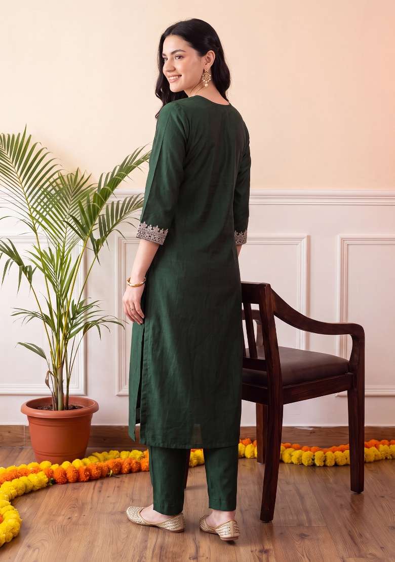 Green Embroidery Liva Kurta Set - Indya