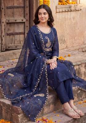 Blue Embroidery Silk Kurta Set