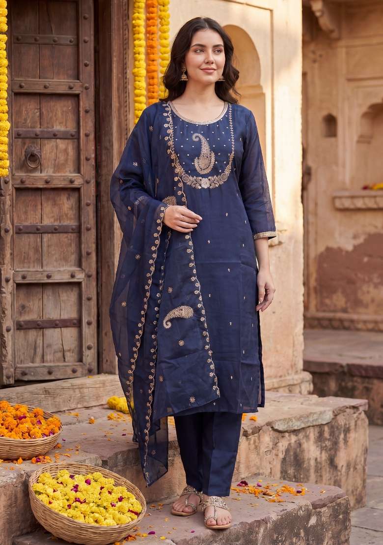 Blue Embroidery Silk Kurta Set - Indya