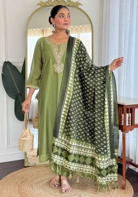 Green Embroidery Silk Kurta Set