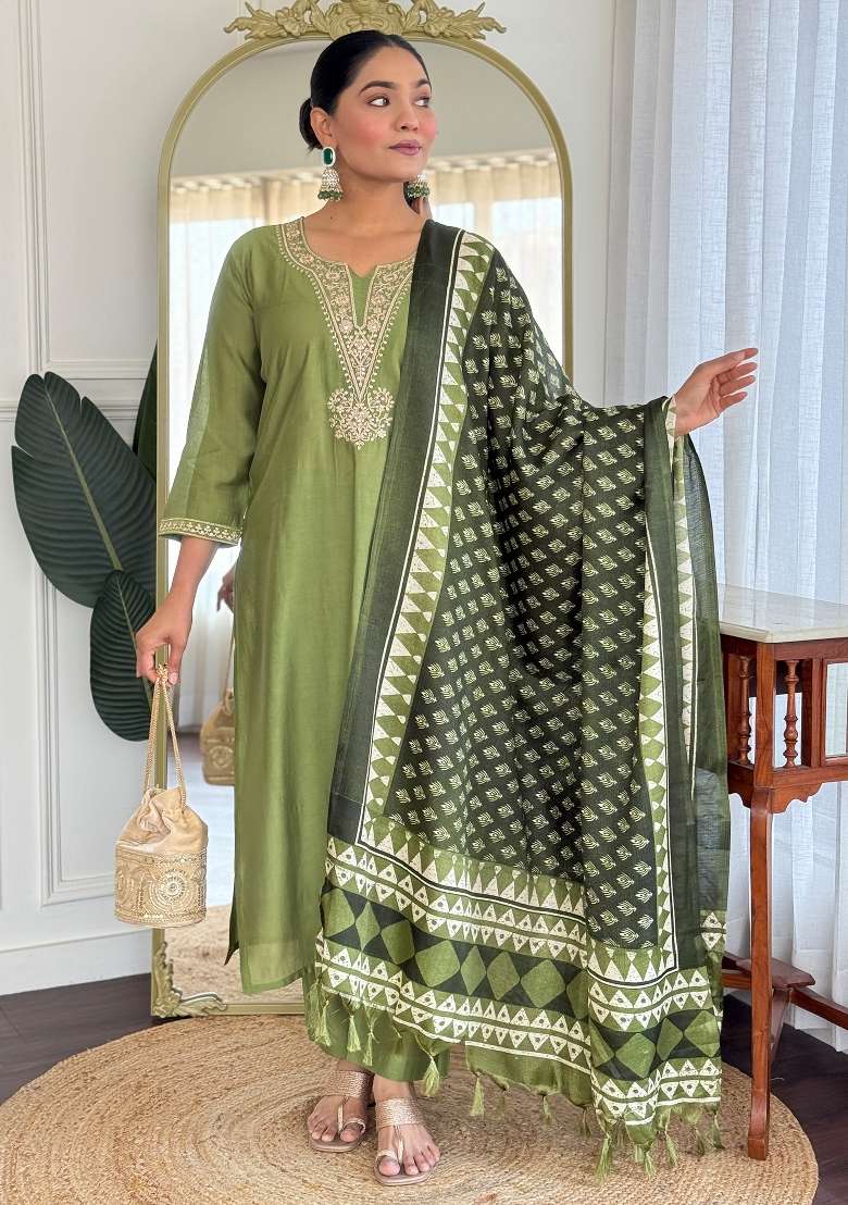 Green Embroidery Silk Kurta Set - Indya