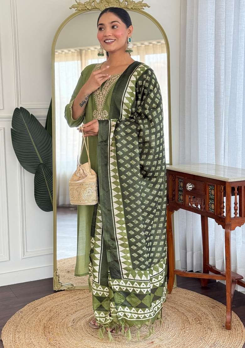 Green Embroidery Silk Kurta Set - Indya