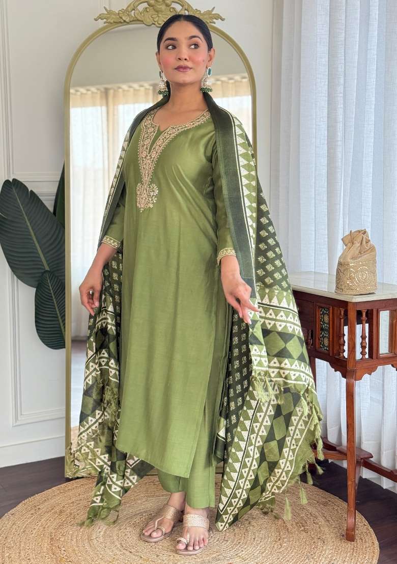 Green Embroidery Silk Kurta Set - Indya