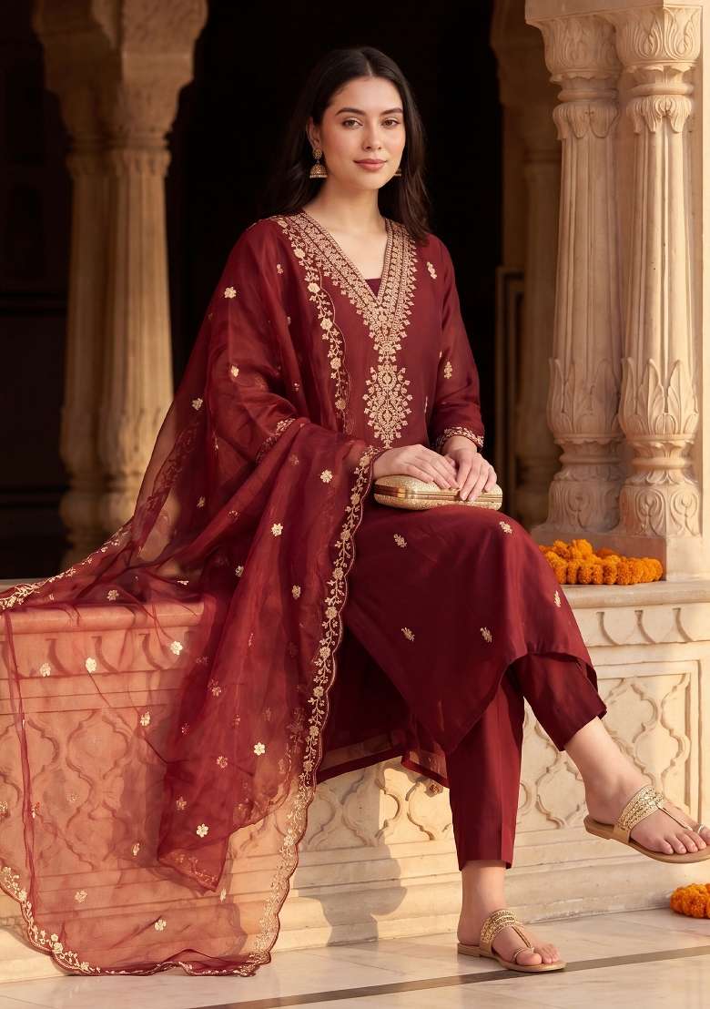 Maroon Embroidery Silk Kurta Set - Indya