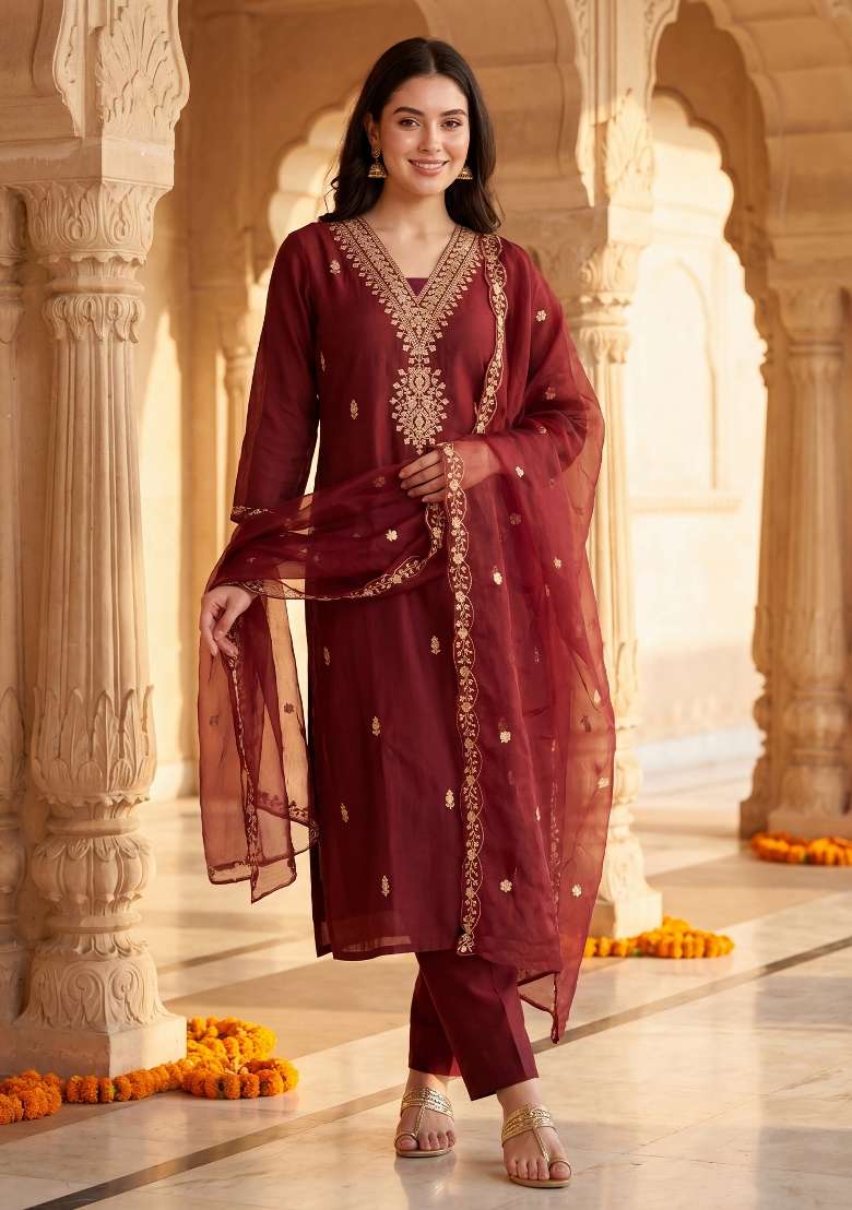 Maroon Embroidery Silk Kurta Set - Indya