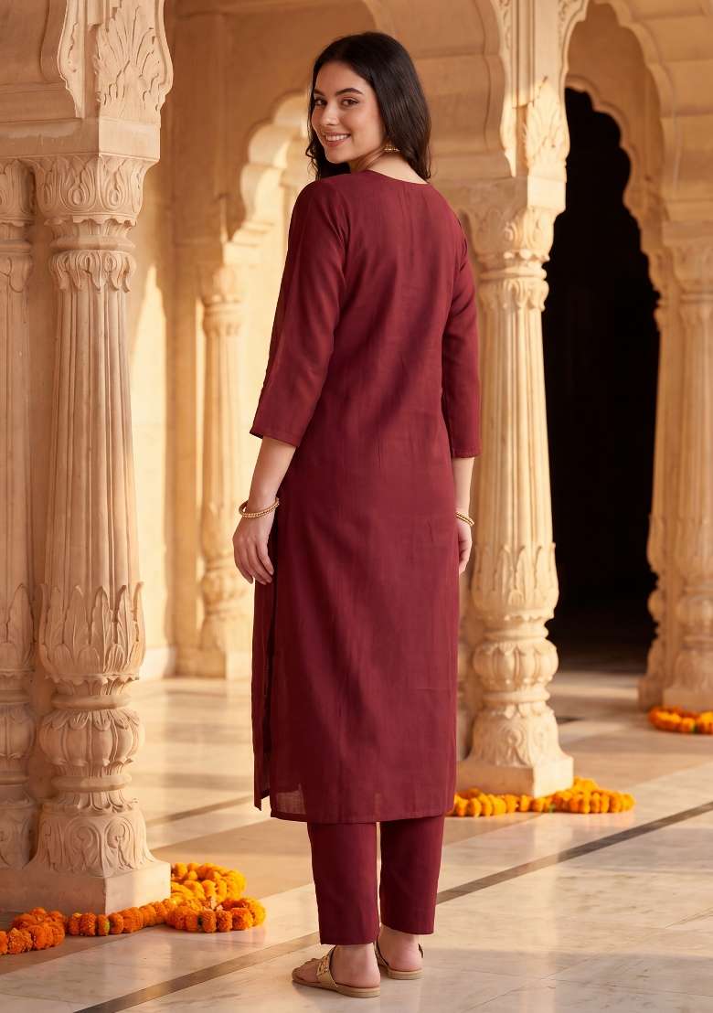 Maroon Embroidery Silk Kurta Set - Indya