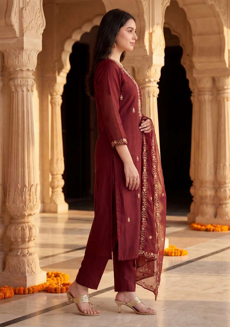 Maroon Embroidery Silk Kurta Set - Indya