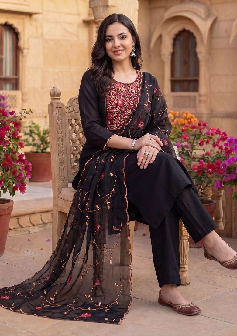 Black Embroidery Silk Kurta Set - Indya